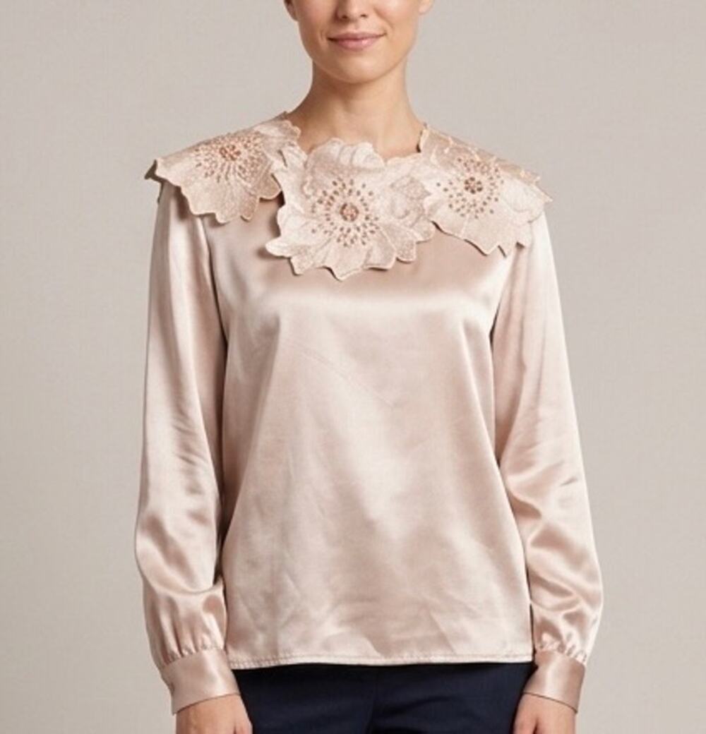 Maggy New York VTG 80s Regency Blouse Top Beaded Flower Collar Champagne